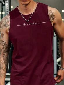 Men's Tank Top Summer Fashion Printed Unisex Casual 100% Cotton Round Neck T-Shirt - 酒紅色 - 查看 2