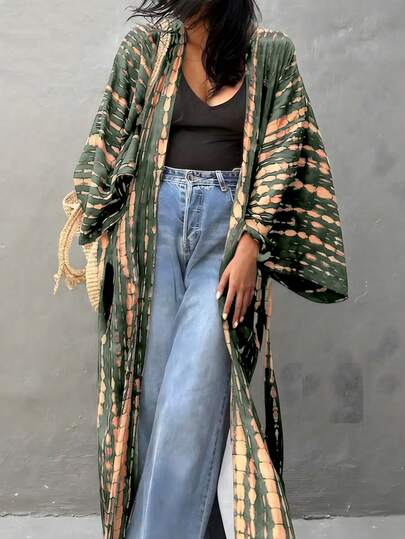 Áo khoác ngoài đi biển cỡ lớn dành cho nữ, họa tiết Bohemian, có thắt lưng, thích hợp cho kỳ nghỉ hè.