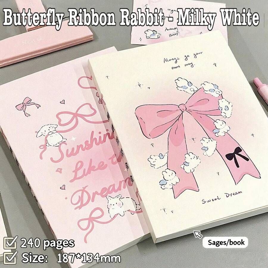 1 pièce Nouveau cahier vierge A5 avec nœud, lapin, , beau cœur. Cahier épais pour étudiants, idéal pour le dessin et les brouillons