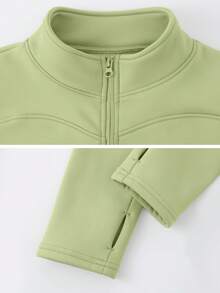 1pc Slim Fit Solid Color Stand Collar Zipper Stretchy Long Sleeve Thermal Lined Fitness Running Exercise Jacket For Women