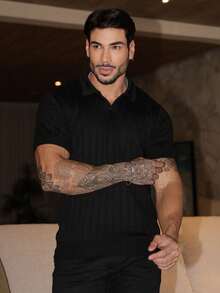 Men's Chic Lightweight Textured Knit Sweater Shirt, High Quality, Perfect For Autumn And Winter, Father's Day. - Black - View 2