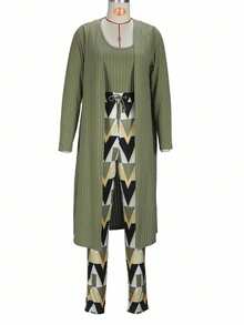 Women's Ribbed Knit 3 Piece Lounge Set - Comfy Crop Top & Adjustable Waist Pants & Long Cardigan - màu xanh lá - Xem 2