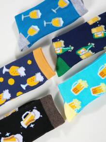 5 Pairs Of Men's Beer-Patterned Mid-Calf Sock Sets Are Suitable For Use All Year Round