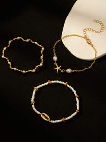 3 pièces/Set Bracelet de cheville à pompon avec pendentif circulaire ton or simple avec perles, convient pour un port quotidien et les vacances