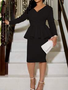 Elegant Black Ruffles Waist Midi Dress Women Sexy Wrap V Neck Long Sleeve Formal Business OL Club Party Cocktail Skinny Dresses, Vintage Spring Fall Winter Dress - 黑色 - 查看 1