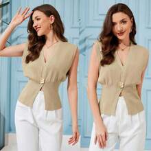 Ommig Womens Vest Tops Button Down V Neck Sleeveless Knit Summer Top For Women - KleinBlue - View 7