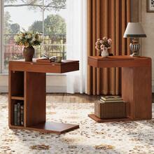 LITTLE TREE Vintage C-Shaped Narrow Chair Side Table With Open Storage Shelves, End Table With Adjustable Top For Living Room, Bedroon, Sofa Side, Easy Assembly, Walnut Brown - 胡桃棕 - 查看 4