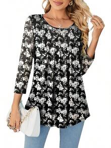 Womens 3/4 Sleeve Pleated Round Neck Blouses Dressy Casual Fall Mesh Tops Women 2025