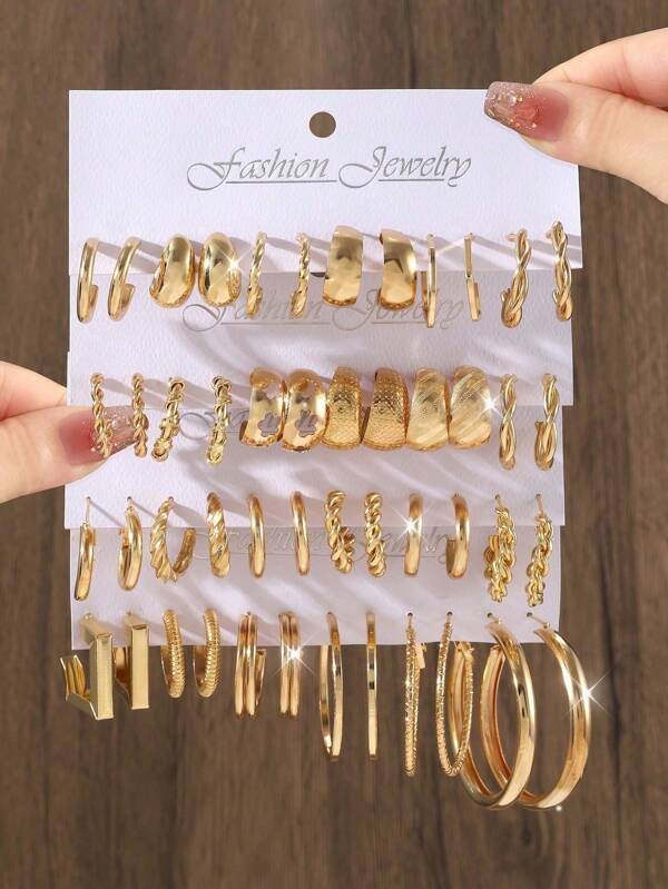 48 pièces Ensemble de boucles d'oreilles en métal minimaliste à la mode pour femmes, formes de larme et carrée, bijoux polyvalents pour un port quotidien, cadeau de vacances
