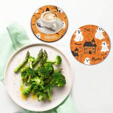 1 set/500 sets de 4 piezas/set de posavasos de Halloween con diseños de fantasma, sombrero de bruja, esqueleto, telaraña, zombi, murciélago, rama desnuda y lápida, hechos de poliéster y goma, adecuados para bares, oficinas, hogares y todo tipo de ocasiones, tamaño: 10 x 10 cm.