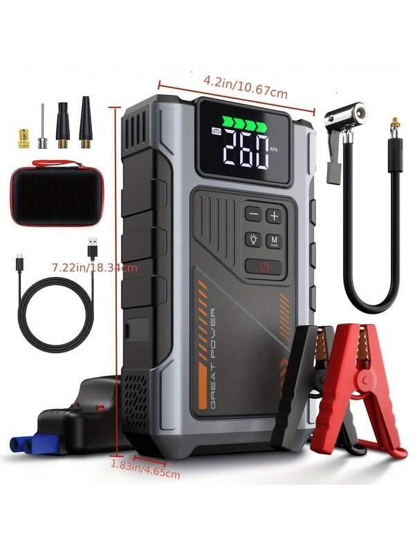 Portable Jump Starter With Air Compressor, Car Battery Jump Box(For 8.0L Gas/6.5-Liter Fuel Vehicle) With 150PSI Tire Inflator ,12V Battery Compact Jumper Starter