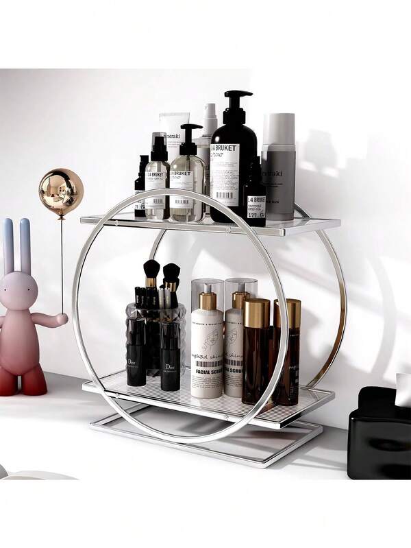 رف تخزين مستحضرات التجميل الفاخرة، منظم طاولة عداد الحمام، رف تخزين كبير السعة لمستحضرات التجميل، رف عرض عطور معدني مزدوج الطبقة، مناسب لمستحضرات التجميل ومنتجات العناية بالبشرة