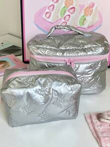 1 件银色蝴蝶结化妆包化妆包化妆包便携式手柄大容量化妆包带拉链，适用于旅行和度假必需品，用于卫生巾、袋垫、有线耳机、耳机、充电器、口红、化妆品、香水、化妆刷架收纳袋、护肤和美容产品，适用于女性、学生、女学生、钥匙、节日礼物返校礼物旅行必需品包，用于学校用品女士旅行包 - 銀色 - 查看 5