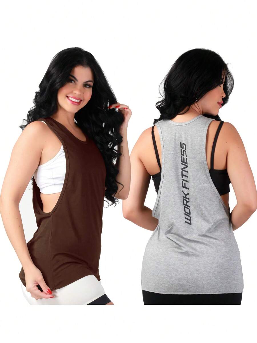 Work Fitness Kit 2 Women's Long Sleeve Tank Top Gym - 灰色和棕色 - 查看 1