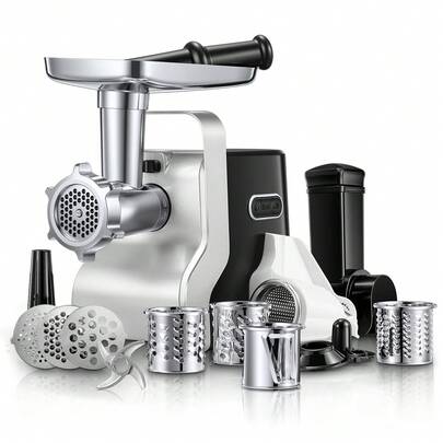 Fohere 5 In1 Electric Meat Grinder Heavy Duty, 3000w Max Powerful, Meat Grinder With 3 Tempered Steel Grinding Plates (Fine, Medium, Coarse), Sausage Tubes And Kubbe Attachment, Beef And Venison, Chop Vegetables, Grate Cheese And Squeeze Tomatoes