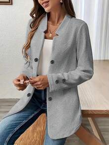 Plus Size Solid Color Mid-Length Slightly Loose Women Office Wear Daily Commute Casual Double-Breasted Blazer Jacket Spring - Grey - View 3