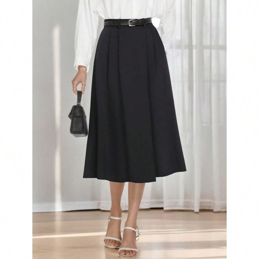 Women's High Waisted Pleated Skirt A-Line Flare Midi Skirt With Pockets Business Casual, Office Work Skirt, Dressy Elegant Outfits,Business Formal - 黑色 - 查看 1