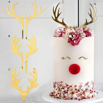 1set/3sets/6sets Gold Acrylic Deer Antler Cake Topper Christmas BabyShower Christmas New Year Party Cake Decorationn