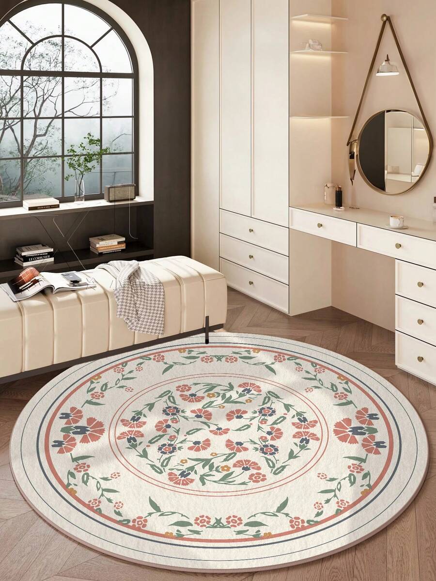 1pc Beige Round Living Room Rug, Suitable For Kitchen, Dining Room, Bedroom, Room Holiday Decor, Indoor/Outdoor, Office, Lobby, Anti-Slip Doormat, Bathroom Rug, Hallway, Study Gaming Area - Beige - View 1
