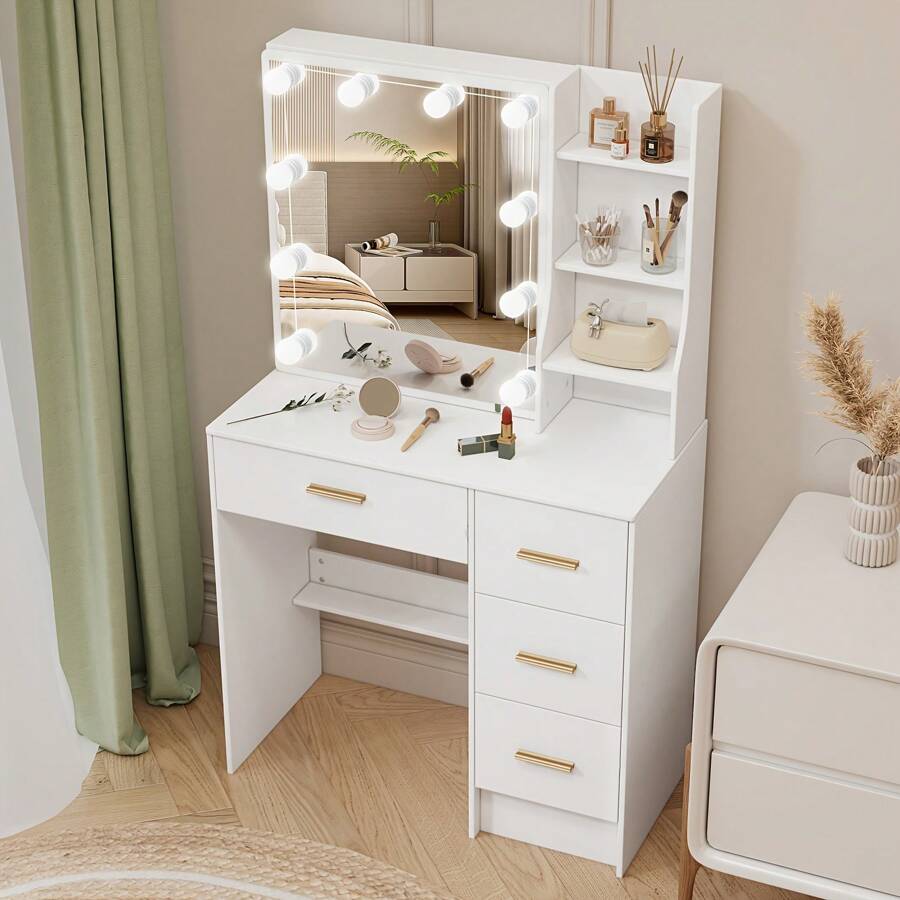 INS Cream Style  Scandinavian Solid Wood LED Makeup Mirror Desk - Dimmable LED Light, Large Drawer With Partition | 1-Piece Workstation For Girly Princess Vibe | Neat Storage For Cosmetics & Skincare | Fresh Aesthetic, In Stock & Fast Shopping