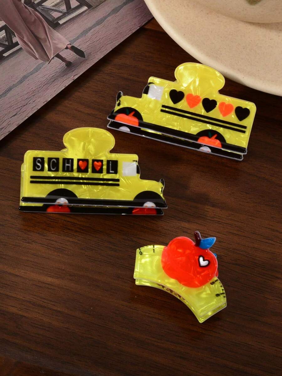 3 bucăți la modă creative amuzante cu desene animate cu mașină, Apple, riglă, agrafe de păr pentru autobuz școlar, potrivite pentru ținute școlare, accesorii de păr pentru petrecere, lucruri școlare, facultate