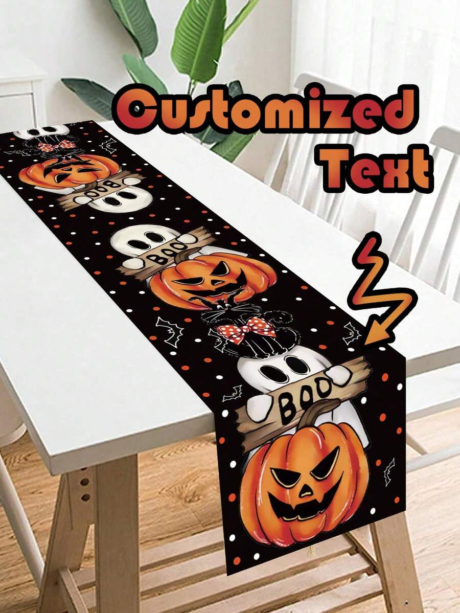 1pc Customized 180cm*35cm Halloween Table Runner, Pumpkin Ghost Pattern Tablecloth, Halloween Decoration, Halloween Party Dining Table Decor, Home Decor, Halloween Trick Or Treat Decoration, Happy Halloween Decoration, Table Centerpiece Decor, Scary Halloween Decoration - Multicolor - View 1