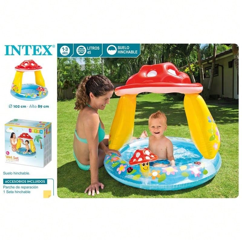 Intex Piscina para Bebé con hongos forma de setas La seta actúa de parasol y proporciona sombra parcial al niño  102x102x89 cm y capacidad para 45 litros/agua calidad oficial garantizada INTEX