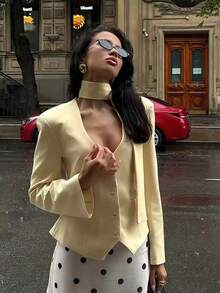 Solid Color Button V-Neck Ribbon Suit Jacket