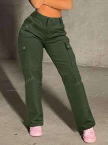 GILIPUR Pantalones casuales sueltos de pierna recta con bolsillo de carga de unicolor para mujer, estilo Y2K, ropa de regreso a la escuela, ropa de calle de los años 2000, ropa de otoño, atuendos vintage, atuendos para salir