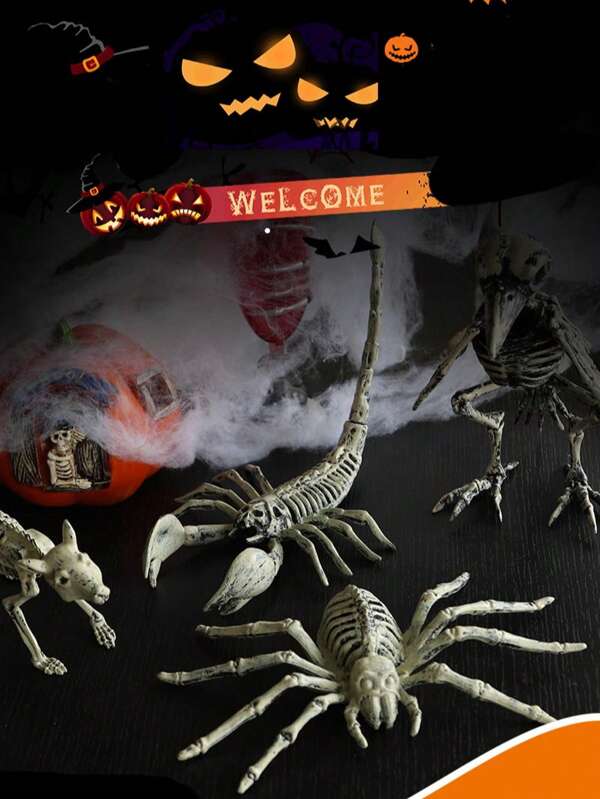 Set de 4 piezas de decoración de esqueleto de Halloween, cuervo de plástico realista, ratón, escorpión, esqueleto, decoración para crear una atmósfera espeluznante para fiestas en el jardín, mesa