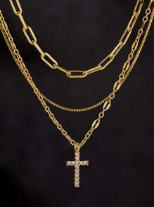 3件套独特叠戴项链，独立原创不对称链条和铜质十字架吊坠，镶嵌闪亮立方氧化锆，多层项链，适合女性日常佩戴、送礼（链条环数和珠子数量随机）