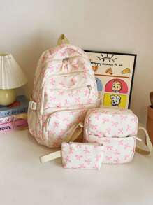 Set di zainetti casual e versatili per il ritorno a scuola da donna, zaino con stampa floreale in stile giapponese carino, set di zaini con fiocco e motivo floreale morbido