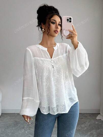 Blusa casual de manga larga de mujer con bordado, de estilo versátil, ligera y holgada, con temperamento, para uso diario o en brunch