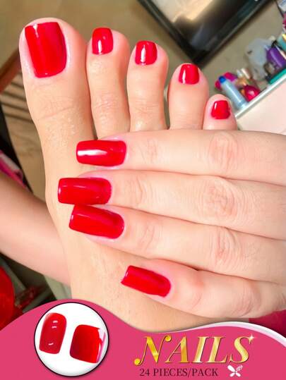 48 PIEZAS Juego de uñas postizas para manos y pies - Diseño brillante rojo brillante con puntas cuadradas cortas - Aspecto clásico y elegante, incluye pegamento de gelatina y lima de uñas, perfecto para todas las mujeres, ideal para uso diario, días de playa y ocasiones especiales