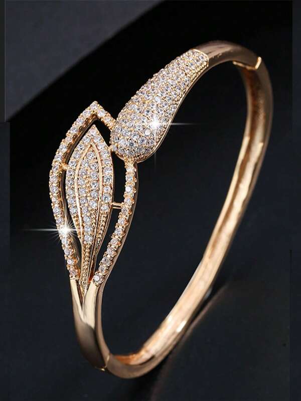1pc 18K Gold Plated Copper Fully Paved Crystal Water Drop & Leaf Bracelet
