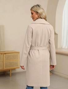 BZB Women's Trench Coat Long Wool Blend Pea Coat Winter Casual Overcoat Notched Lapel Collar Belted Long Jacket Outerwear - Màu be - Xem 5