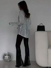 Women's Sequined Long-Sleeved Collar Shirt Button-Down Cardigan Loose Shirt, Fashionable, Suitable For Street, Music Festivals, Parties