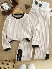 2pcs/Set 2025 Spring & Autumn Girls Fashionable Minimalist Contrast Color Fuzzy Ribbed Crew Neck Long Sleeve Casual Top And Designed Side Slit Straight Leg Pants - Apricot - View 1
