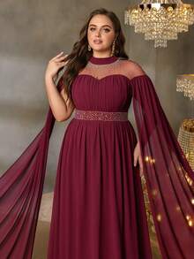 Faeriesty Curve Plus Rhinestone Detail Cloak Sleeves Chiffon Formal Dress-Perfect For Red Carpet Galas, Black-Tie Weddings, Award Ceremonies, Charity Balls, And Luxury Fashion Events