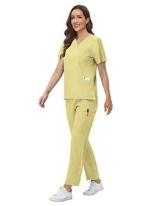 Spa Uniform Kasacks Damen atmungsaktiv weich Kurzarm Top gerade Hose Sets Beauty Salon Nageltechniker Arbeitskleidung Krankenschwester Uniform - Gelb - Übersicht 5