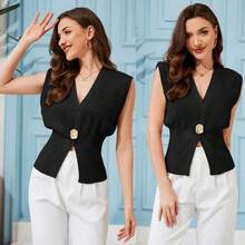 Ommig Womens Vest Tops Button Down V Neck Sleeveless Knit Summer Top For Women - 黃色 - 查看 4