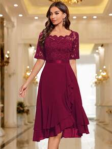 MIUSOL Boat Neck Floral Lace Paneled Ruffle Hem Cocktail Party Swing Dress