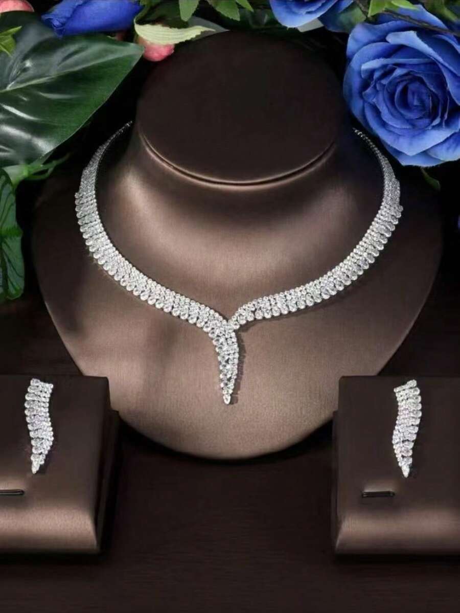 Bộ 3 món trang sức nữ thời trang cao cấp hình giọt nước đính pha lê Zirconia lấp lánh gồm dây chuyền và bông tai, phù hợp cho cô dâu, đám cưới, lễ hội, du lịch, đi làm hàng ngày, tiệc tùng, làm quà tặng, phong cách thanh lịch và sang trọng - Bạc - Xem 1