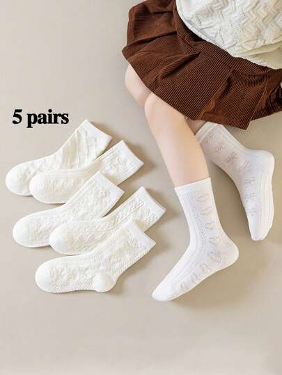5双装秋冬1-16岁儿童袜子柔软舒适白色袜子青春期女孩袜子蝴蝶结袜