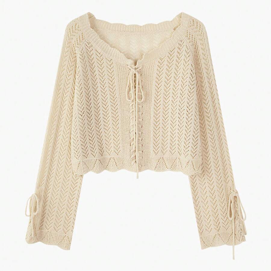 アプリコット V ネック ニット カーディガン女性の夏の新しいスタイル中空日焼け止め怠惰な甘いルーズ トップ - ホワイト - チェックする 1