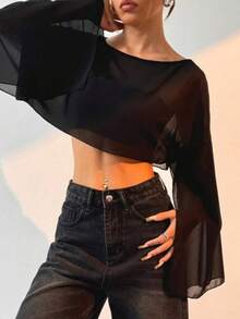 Cropped Tulle Long Sleeve Blouse - 黑色 - 查看 2