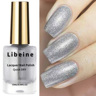 LIBEINE 纯银金属指甲油，闪亮的银色效果，无需烘烤的速干配方，光泽涂层，沙龙级美甲，持久耐用且易于使用