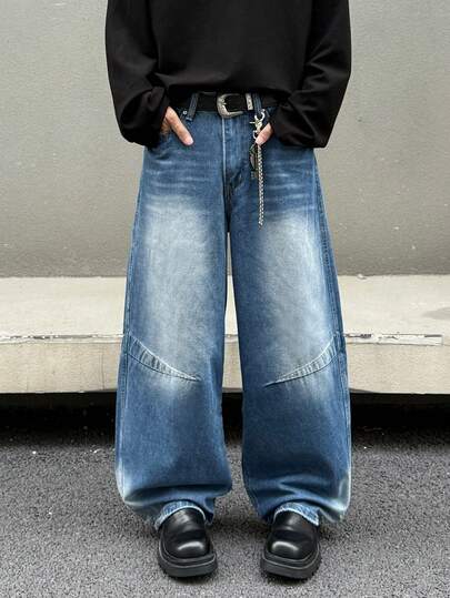 GlobeSwift Men's Loose Wide-Leg Washed Distressed Relaxed Fit Casual Jeans