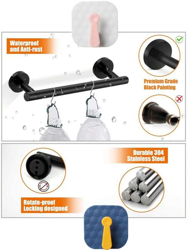 1 Set Of 5pcs/1 Set Of 2pcs Stainless Steel 304 Towel Bar Hooks, Suitable For Bathroom, Practical Home Decor