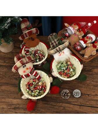 1 pieza Decoración de cesta de caramelos navideña nueva, ornamentos de escritorio navideños, cesta de frutas de caramelo